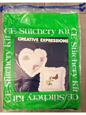 Vintage 1980 Creative Expressions Crewel Embroidery Pillow Kit - Hearts Flowers